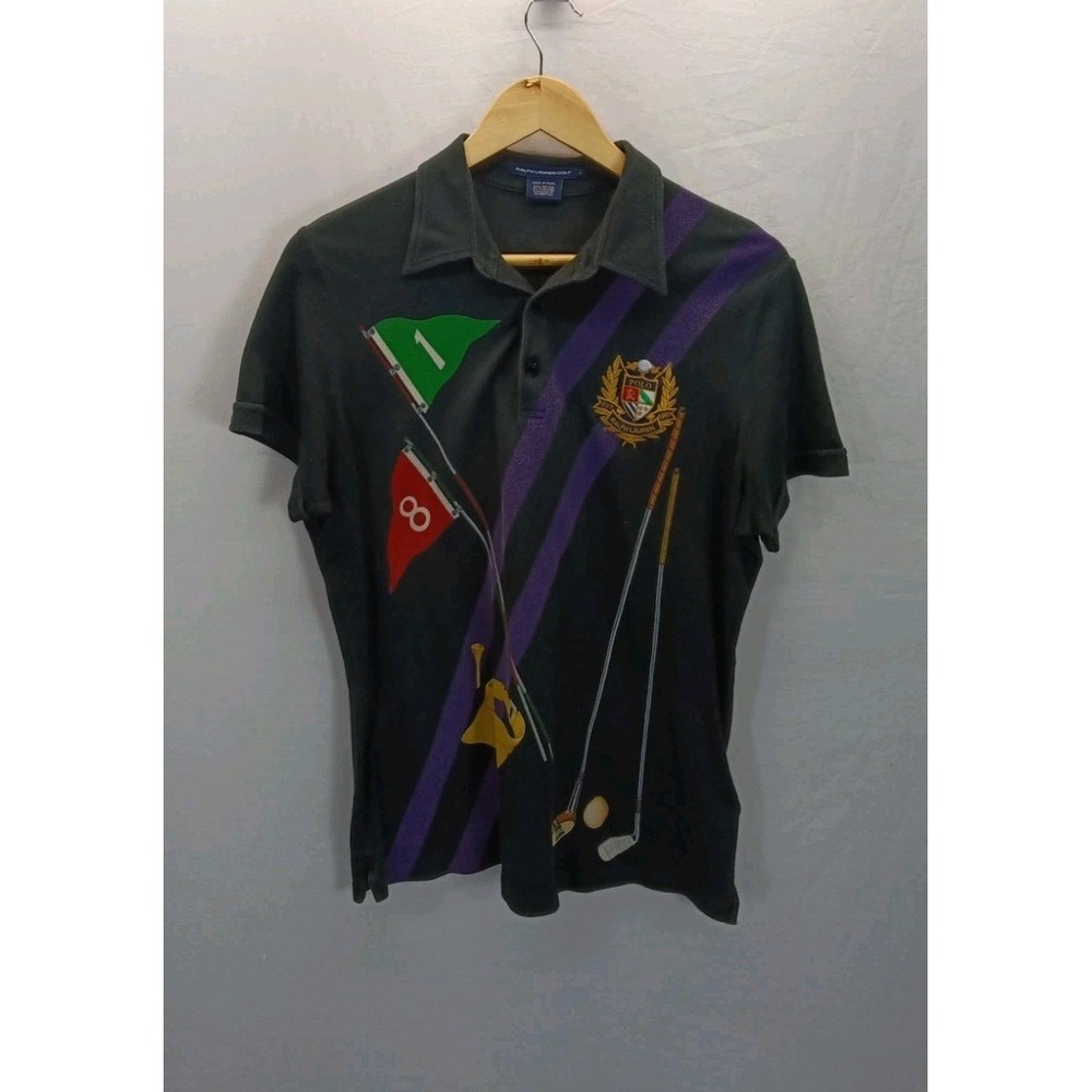 Ralph Lauren Golf Black Crest Logo Polo Shirt Womens Graphic Print RARE